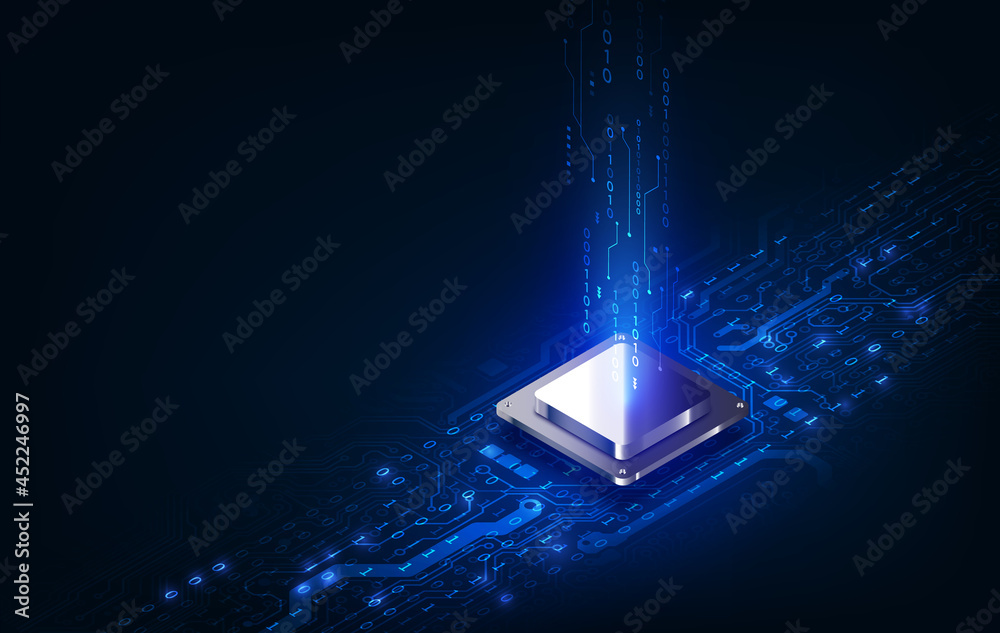 Poster abstract technology chip processor background circuit board and html code,3d illustration blue techn