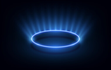 Blue neon light circle frame on background. Vector illustration