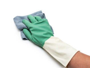 A man's hand wearing rubber gloves wipes with a dustpan against a white background.