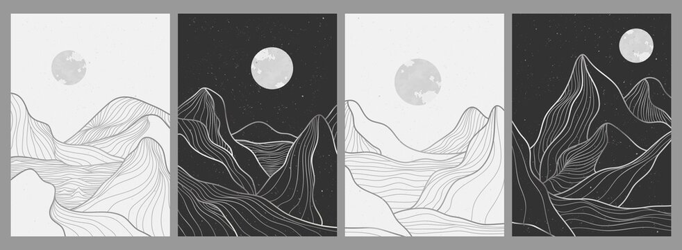 Mountain line art on set, Abstract mountain contemporary aesthetic backgrounds landscapes. use for print art, cover, invitation background, fabric. Vector illustration