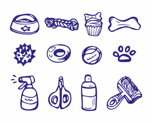 Dog Care and Treats Set Accessories Hand drawn Vector illustration. Leash, Food, care products. Doodle style