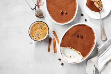 Classic Italian Dessert Tiramisu topped with cocoa  in a ceramic dish. Light gray background. top view