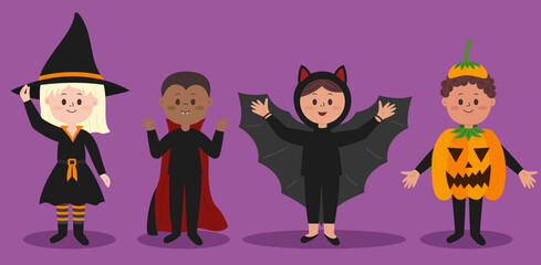 Kids in halloween costumes in flat style