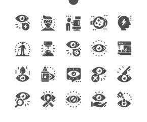 Glaucoma. Laser eye surgery. Eye drops. Glaucoma headache. Blinded eye. Health care, medical and medicine. Vector Solid Icons. Simple Pictogram