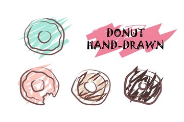 Blue, pink, white and chocolate donut handrawn set template design
