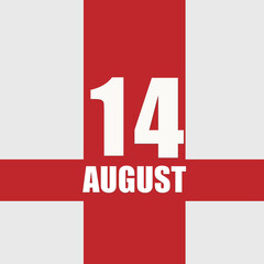 august 14. 14th day of month, calendar date.White numbers and text on red intersecting stripes. Concept of day of year, time planner, summer month