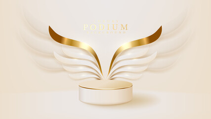 Realistic white display stand with golden curve lines scene, podium showing product for promotion sales and marketing. luxury style background. 3d vector illustration.