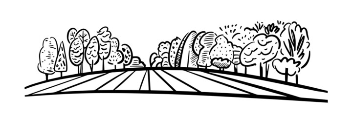 Landscape with trees, hills in outline style. Vector hand drawn illustration.