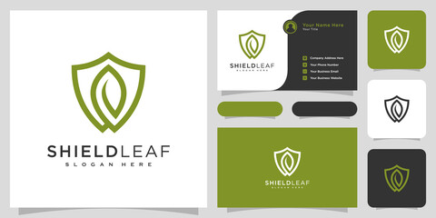 shield leaf logo vector design and business card