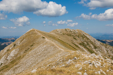 View of the peak of Monte Terminillo during the summer season. 2216 meters, Terminillo Mount is named the Mountain of Rome, located in Apennine range, Italy - obrazy, fototapety, plakaty