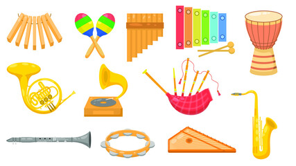 Set Abstract Collection Flat Cartoon  Different Color Music Instrument Flute Bagpipe French Horn Drum Tambourine Gusli Xylophone Concept Vector Design Style Elements With Shadows