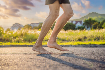 A man runner is engaged in jogging on the asphalt without shoes, without sneakers, for health