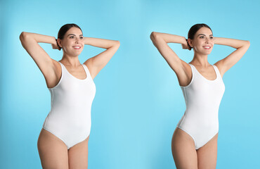 Fototapeta na wymiar Collage with photos of woman before and after weight loss diet on light blue background