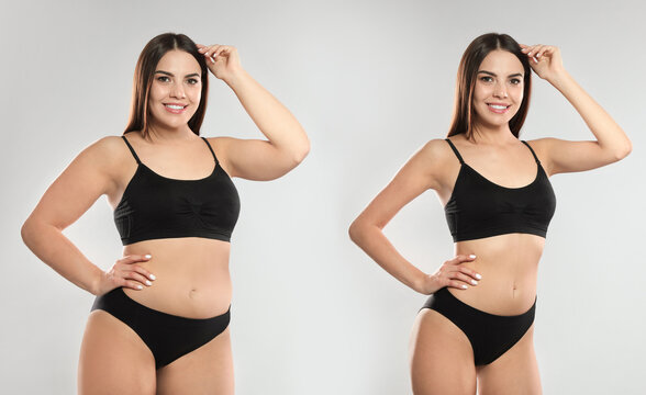 Collage with photos of woman before and after weight loss diet on light grey background