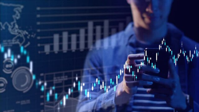 Business finance investment economy concept, businessman trading using mobile phone graph chart diagram computer monitor trading UI user interface screen data analysis.