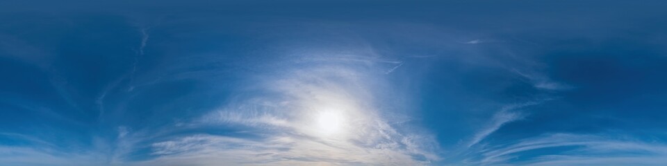 Blue sky panorama with Cirrus clouds. Seamless hdr 360 degree pano in spherical equirectangular format. Complete zenith for 3D visualization, game and sky replacement for aerial drone 360 panoramas.
