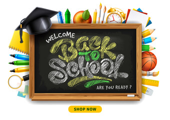 Back to School horizontal advertising banner about sale with school stationery and supplies on white background. Chalk lettering Back To School on blackboard. Vector illustration.
