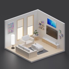 Isometric living room open inside interior architecture 3d rendering
