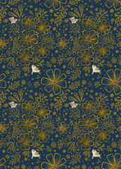 White chihuahua puppy playing hide and seek with white cat among seamless pattern of golden floral line arts, retro style.
