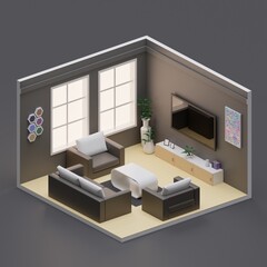 Isometric living room open inside interior architecture 3d rendering
