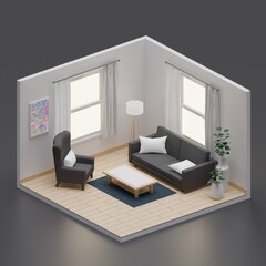 Isometric living room open inside interior architecture 3d rendering
