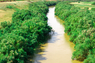 the river flowing between the banks overgrown with branches view from the bridge