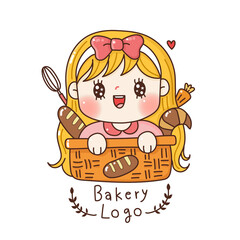 Cute girl in basket with bakery Logo.