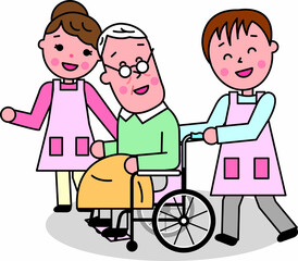 高齢男性が乗る車椅子に寄り添う介護の男女