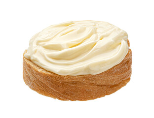 Slice of bread with cream cheese isolated on white background