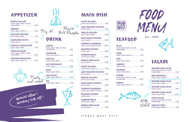 Restaurant cafe menu, template design.  Single page food menu template.