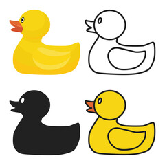 Set of rubber ducks. 4 variants of yellow swimming toys in the form of waterfowl. Vector illustration isolated on a white background for design and web.