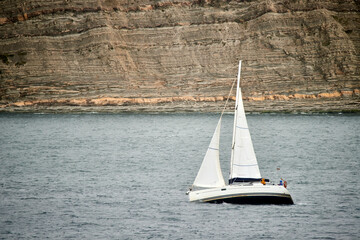 Sailboat sailing with a strong wind