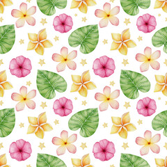 Watercolor seamless pattern of tropical leaves and flowers on a white background.