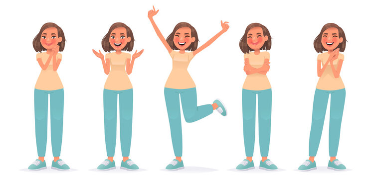 Happy woman character set. Cute girl is rejoice, surprised, jumping with happiness, hugging herself, positive emotions