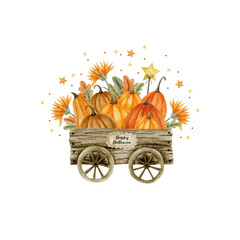 Watercolor wooden cart, pumpkins, autumn plants. Illustration for the holiday of halloween, autumn, pumpkin day, hello october isolated on a white background.
