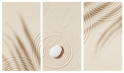 Zen garden meditation sandy background for relaxation. Lines drawing in sand and shadows of palm...