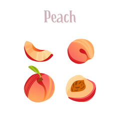 Delicious fresh peaches, whole and sliced fruits.