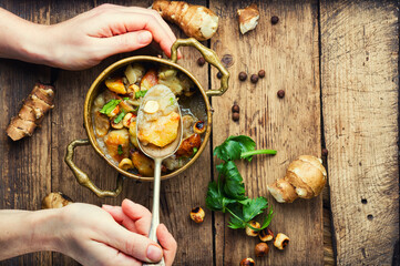 Jerusalem artichoke vegetable autumn soup