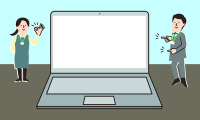 ノートパソコンのフレームを指差しするビジネスマンとOL