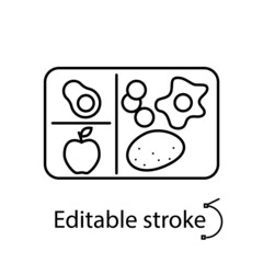 Lunchbox with vegetables and fruits outline icon. Egg and potato. Editable stroke. Isolated vector illustration