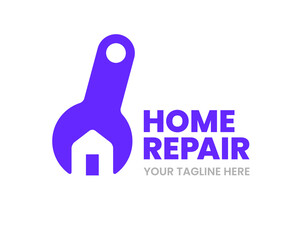 Home repair logo design template. Wrench and house. House renovation concept. Stock vector illustration.