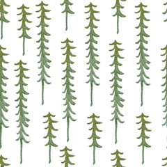 Christmas trees in the forest watercolor seamless pattern. Template for decorating designs and illustrations.