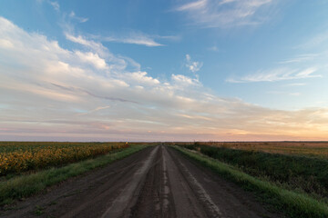 Fototapeta na wymiar A wide angle landscape shot of an open dirt road among agricultural farming fields with a dramatic sky and orange and blue clouds at sunset