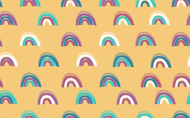 Trendy seamless pattern with colorful rainbow on color background. Design for invitation, poster, card, fabric, textile, fabric. Cute holiday illustration for baby. Scandinavian doodle style