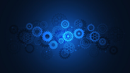 Cogs and gear wheel mechanisms. Concepts and ideas for hi-tech digital technology and engineering design. Abstract technical background of mechanical engineering