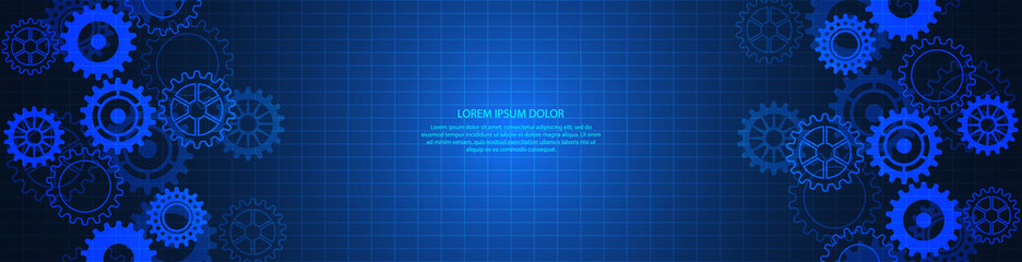 Website header or banner design with cogs and gear wheel mechanisms. Concepts and ideas for digital technology and engineering design. Abstract technical background of mechanical engineering