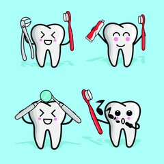 Set of tooth character vector illustration with cartoon style. teeth dental cute design element for poster, banner, flyer