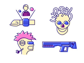 Cyberpunk flat icons set. Futuristic watch. High tech gun technology
