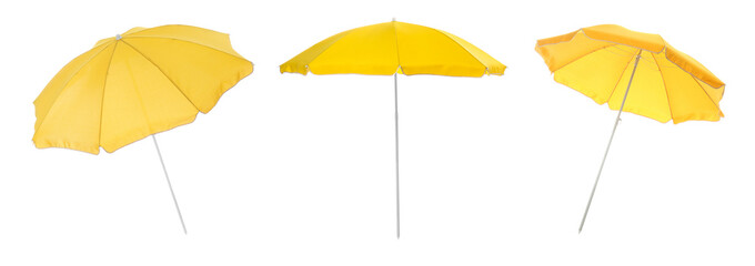 Set with yellow beach umbrellas on white background. Banner design - obrazy, fototapety, plakaty