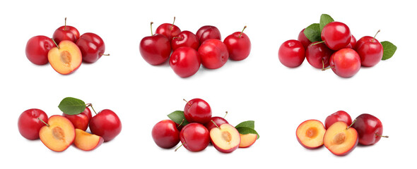Set with delicious ripe cherry plums on white background. Banner design